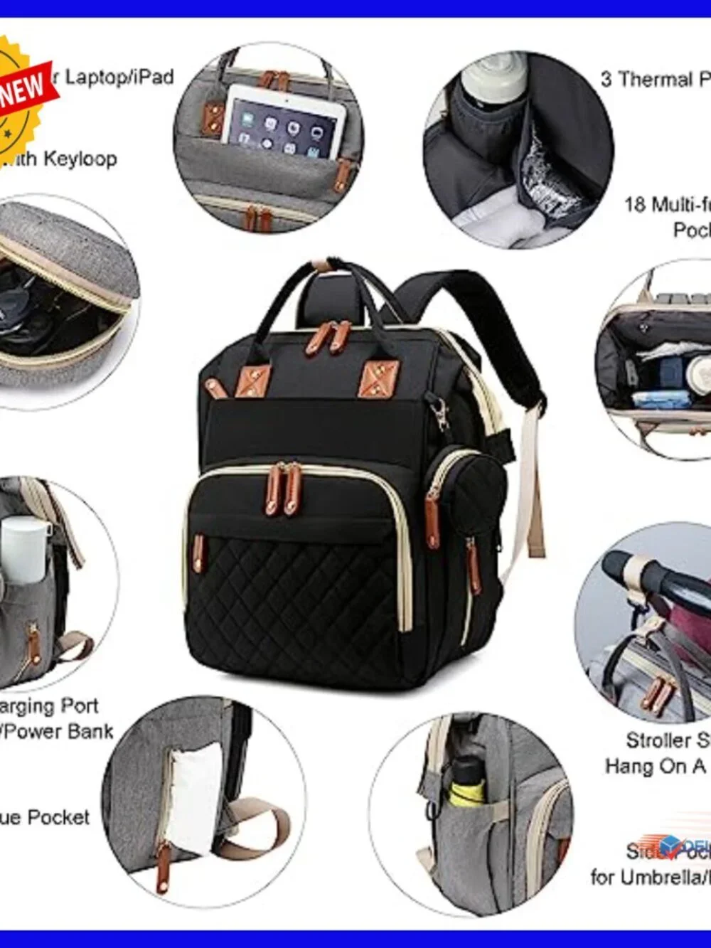 Waterproof Diaper Backpack with Changing Station USB Charging Port
